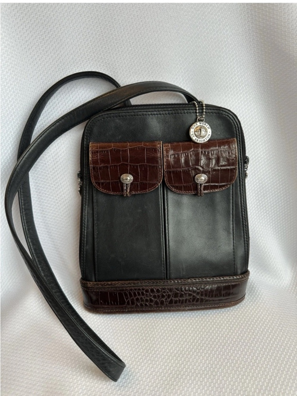 Brighton One World Black and Brown Leather Crossbody Bag with Croc Accents